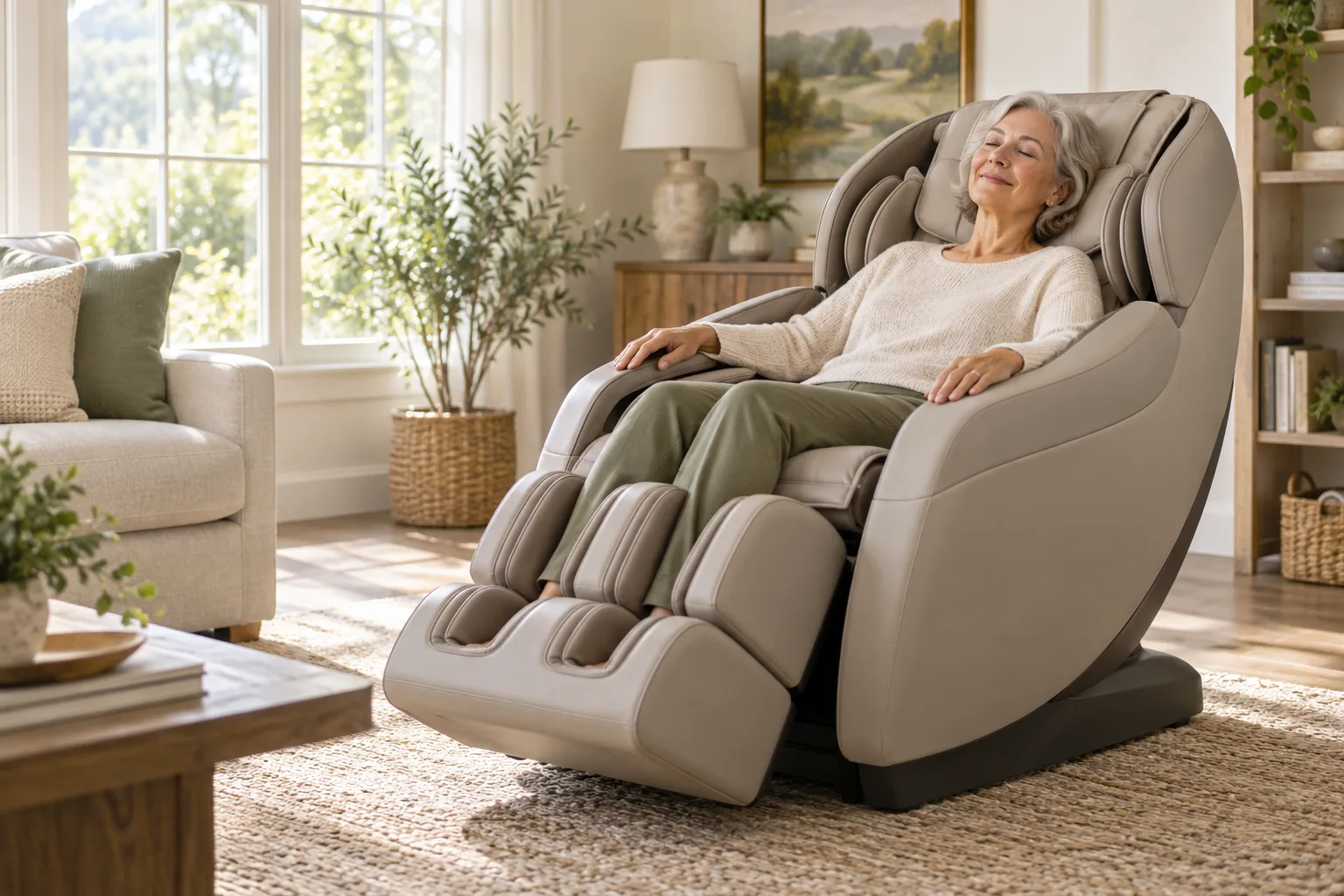 A woman in her sixties reclined in a zero gravity massage chair in a bright living room, eyes closed